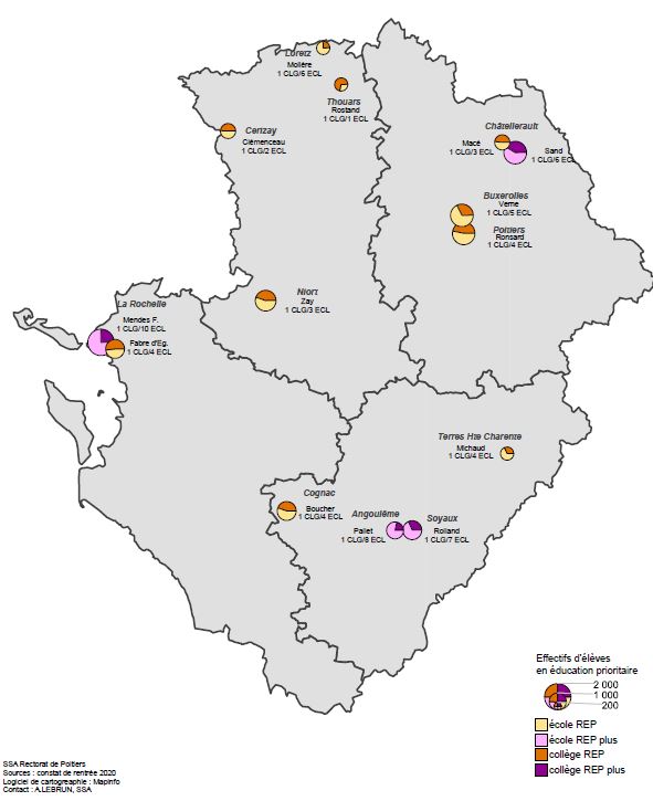 Carte des réseaux d'éducation prioritaire dans l'académie de Poitiers