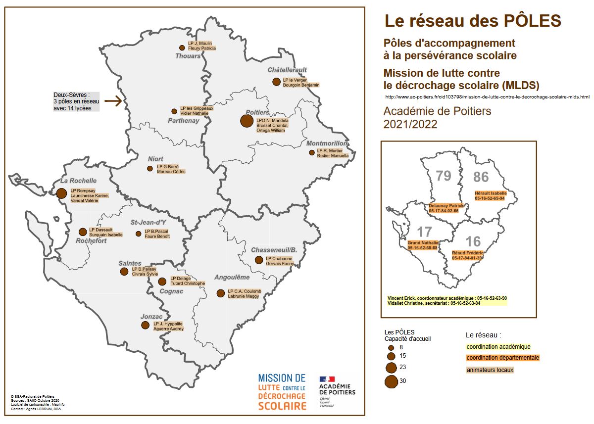 La carte des pôles d'accompagnement à la persévérance scolaire pour l'année 2021-2022