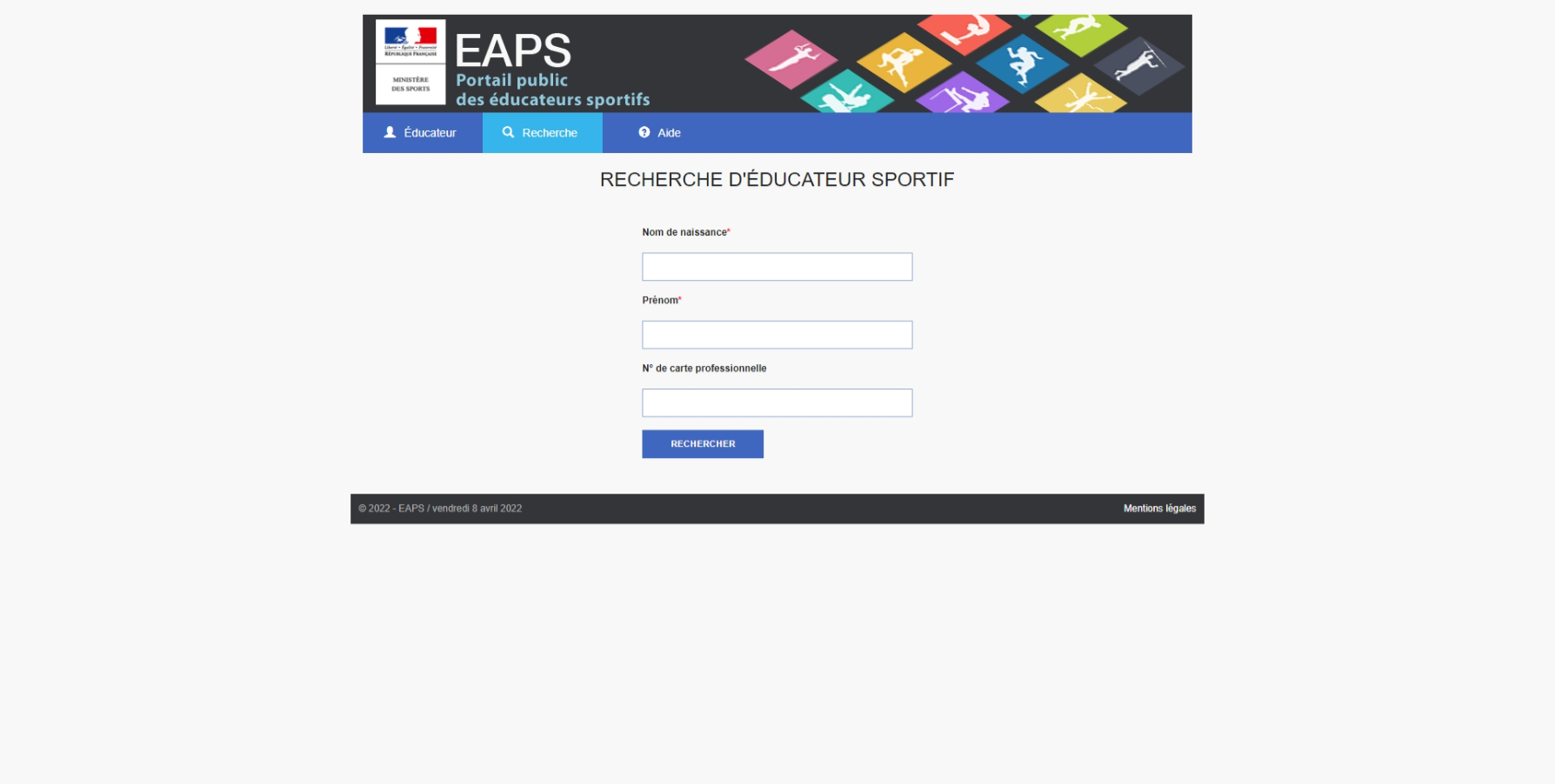 Copie écran du site internet du Portail public des éducateurs sportifs EAPS