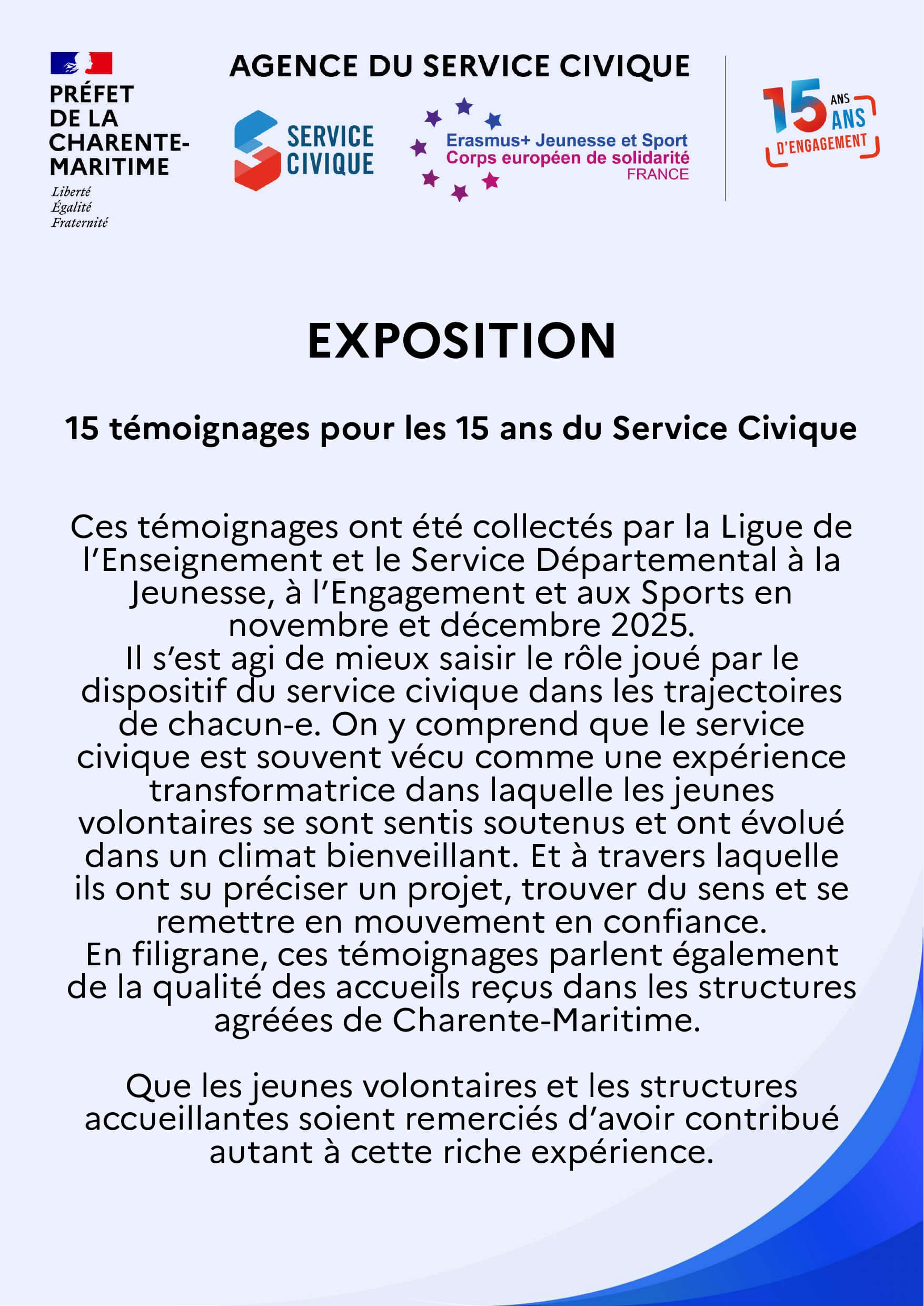 Exposition des 15 témoignages des 15 ans du service civique
